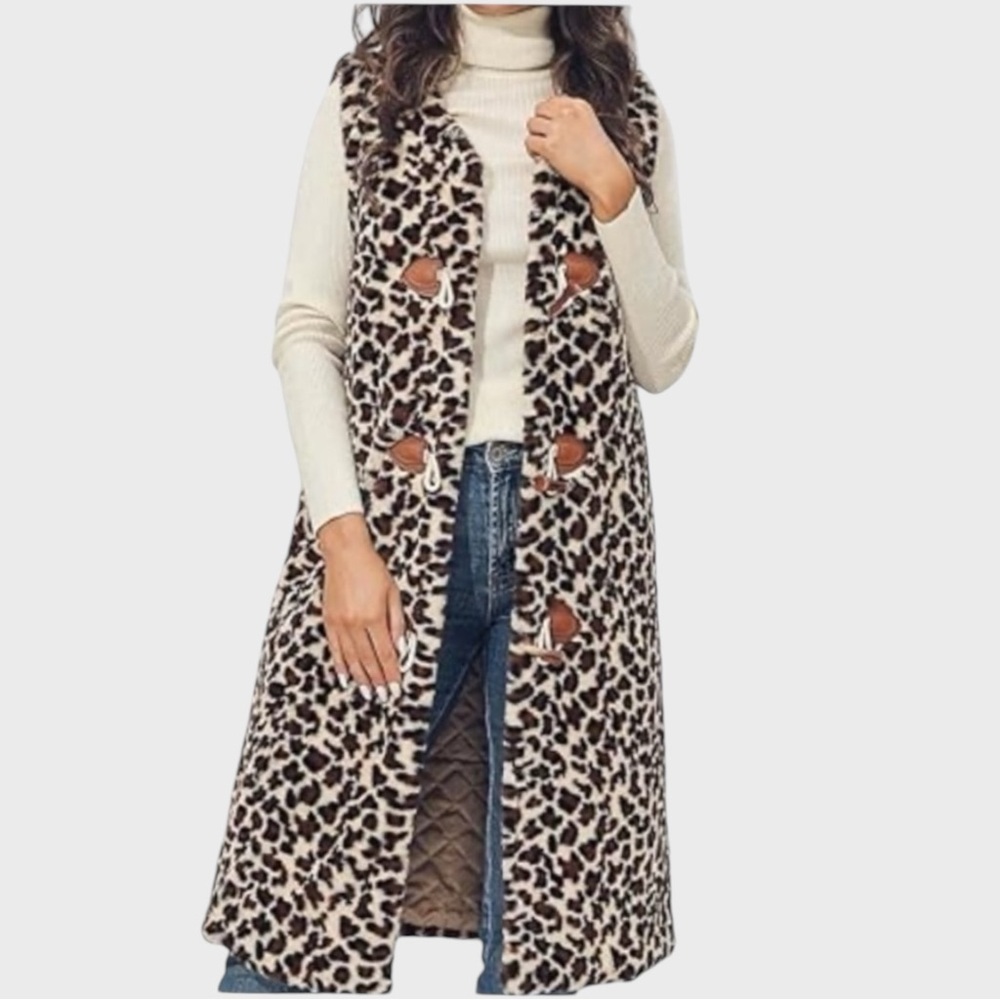 Aukmla Women’s Faux Fur Leopard Mid-Length Sleeveless Dress Coat Jacket S NWT